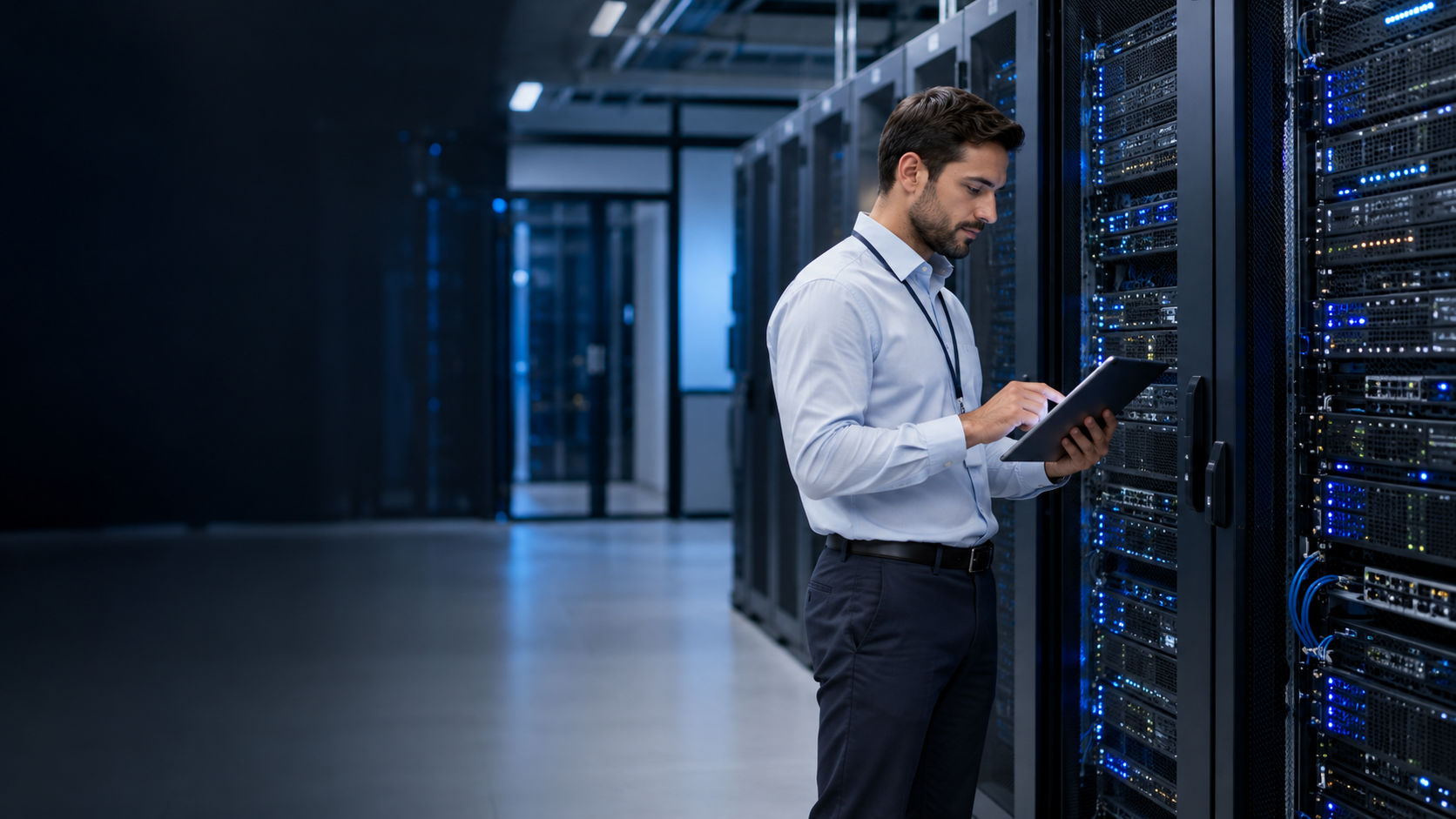 Sistemista al lavoro in un ambiente server e cloud